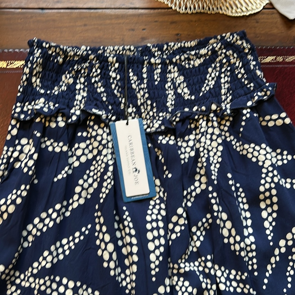 Polka Dot Leaf Print Wide Leg Pants Navy + White NEW Smocked Waist Size Medium - Picture 7 of 8
